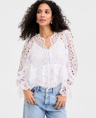 Women's Woven Long-Sleeve Cut-Work Blouse, Macy's Exclusive