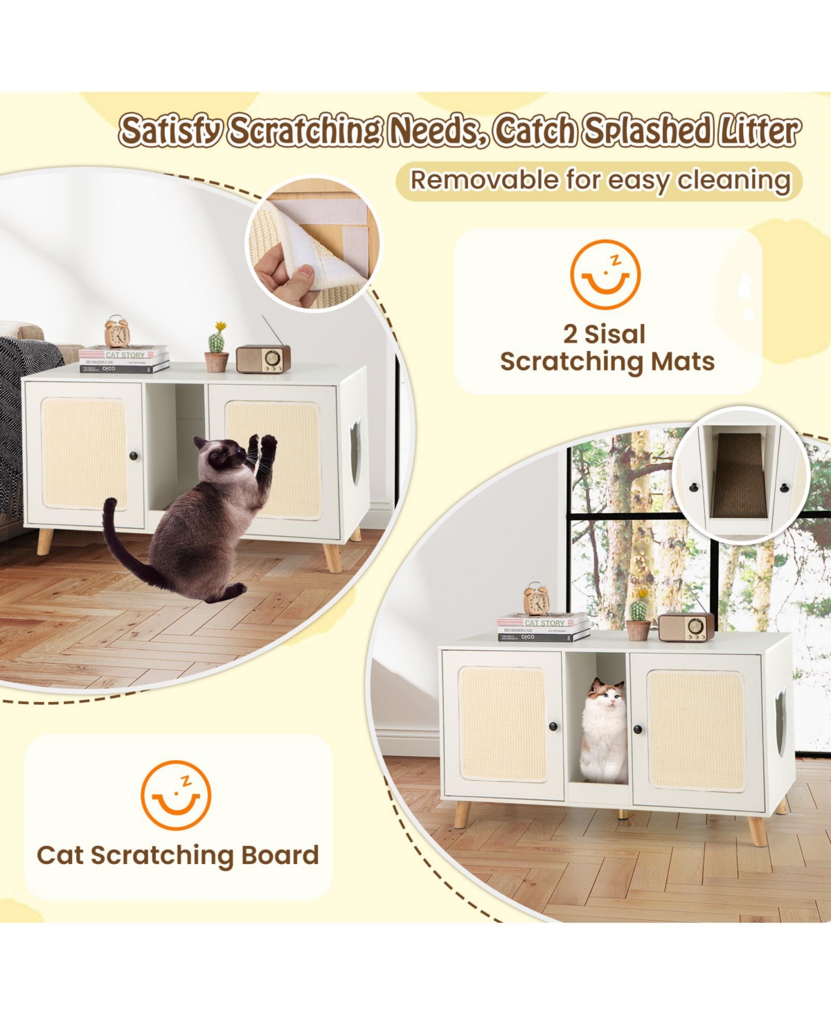 Gymax 43'' Cat Litter Box Enclosure for 2 Cats w/ Double Rooms Sisal Scratching Mats
