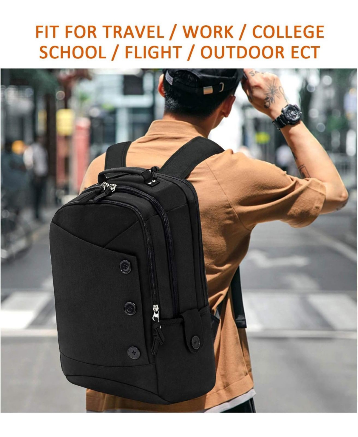 Batfox-15.6 Inch Laptop Backpack for Men & Women, Water Resistant Computer Bag with Usb Charging Port for College, Travel, Office - Black