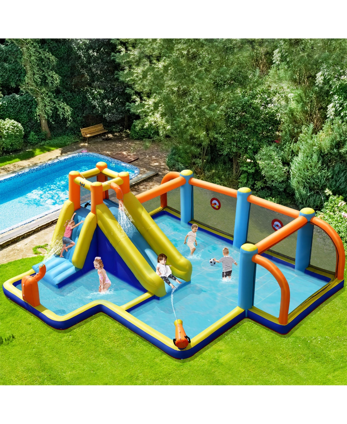 Sugift Giant Soccer-Themed Inflatable Water Slide With 735W Blower
