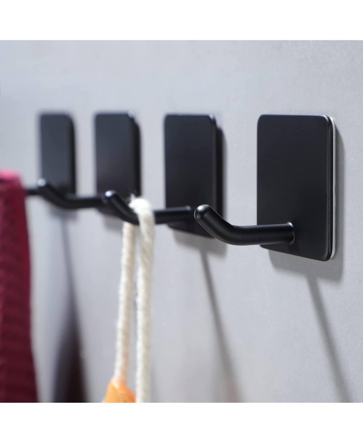 Adhesive Towel Hooks - 4 Pack Towel Hooks for Hanging Robes Coat Hooks Stick on Wall Hooks Stainless Steel, Matte Black