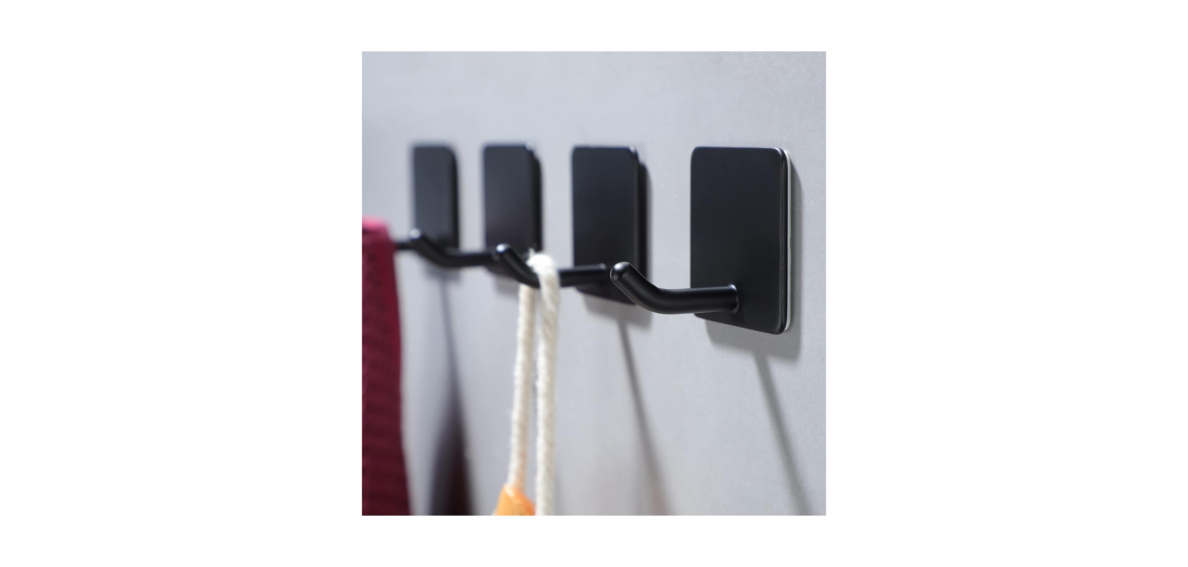 Yigii Adhesive Towel Hooks - 4 Pack Towel Hooks for Hanging Robes Coat Hooks Stick on Wall Hooks Stainless Steel, Matte Black