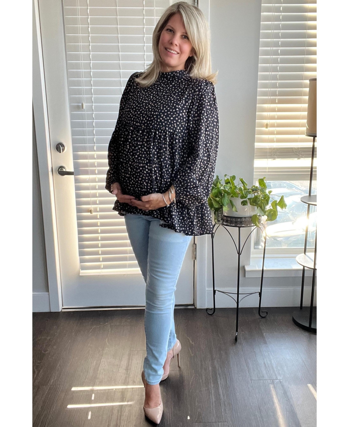 Pinkblush Maternity Black Animal Print Mock Neck Tiered Top