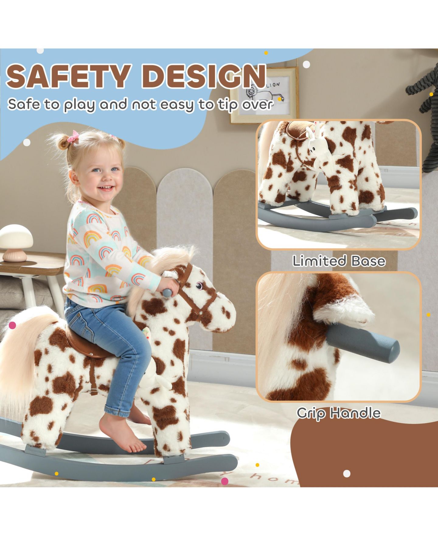 Детская игрушка Qaba Rocking Horse with Interactive Sounds & Rabbit Toy, 28" L, 88 lbs. Capacity, от 1 года, цвет: Коричневый — фото 5