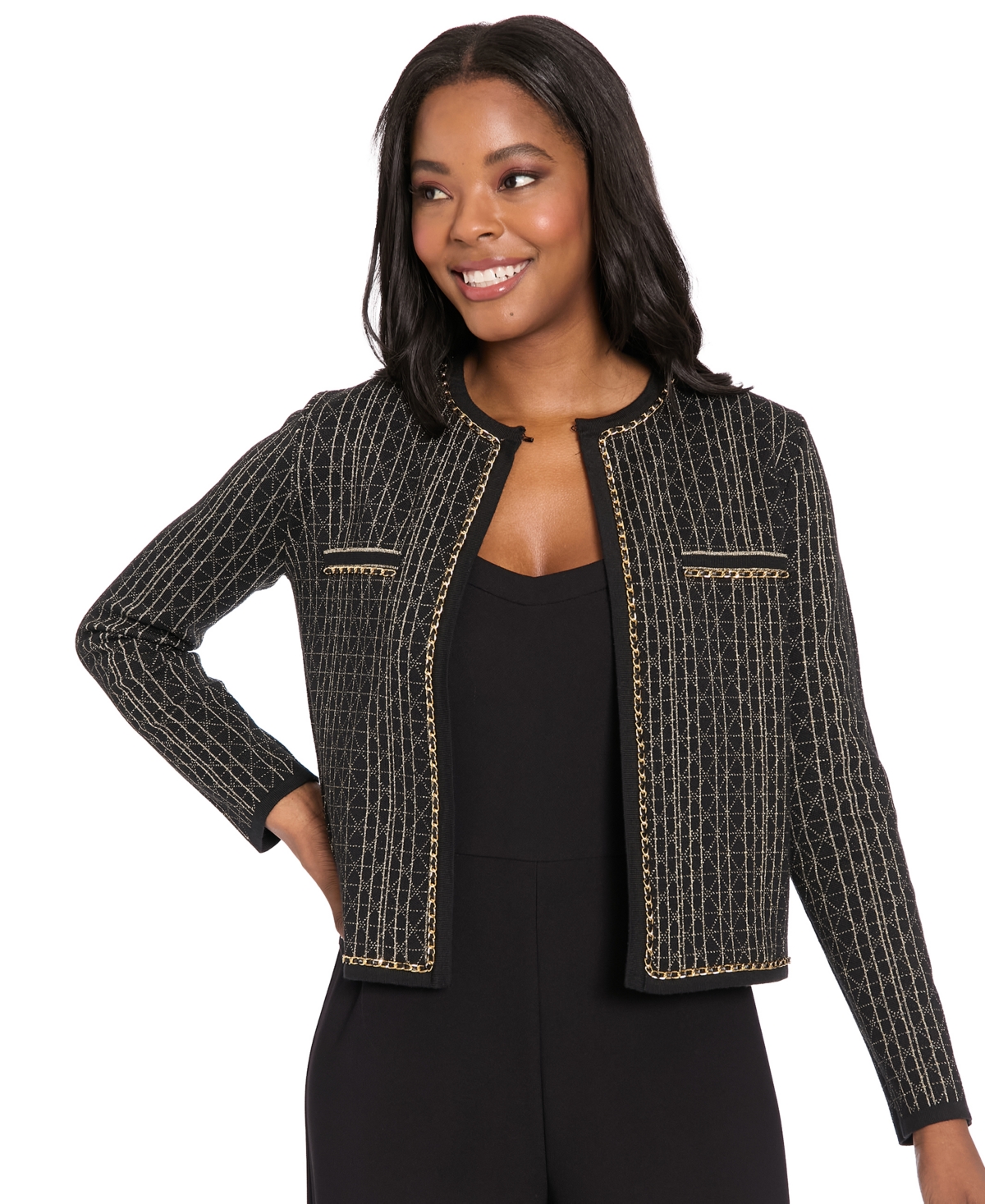 London Times Women's Crewneck Cardigan Sweater In Black