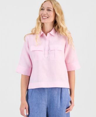 Women's 100% Linen Solid Half-Placket Elbow-Sleeve Blouse