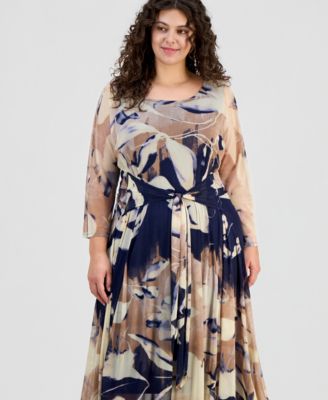 Plus Size Printed Round-Neck Midi Mesh Dress