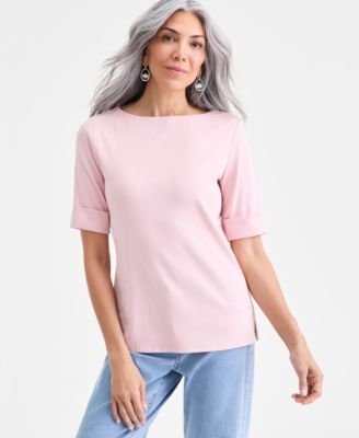 Women's Boat-Neck Elbow Sleeve Cotton Top