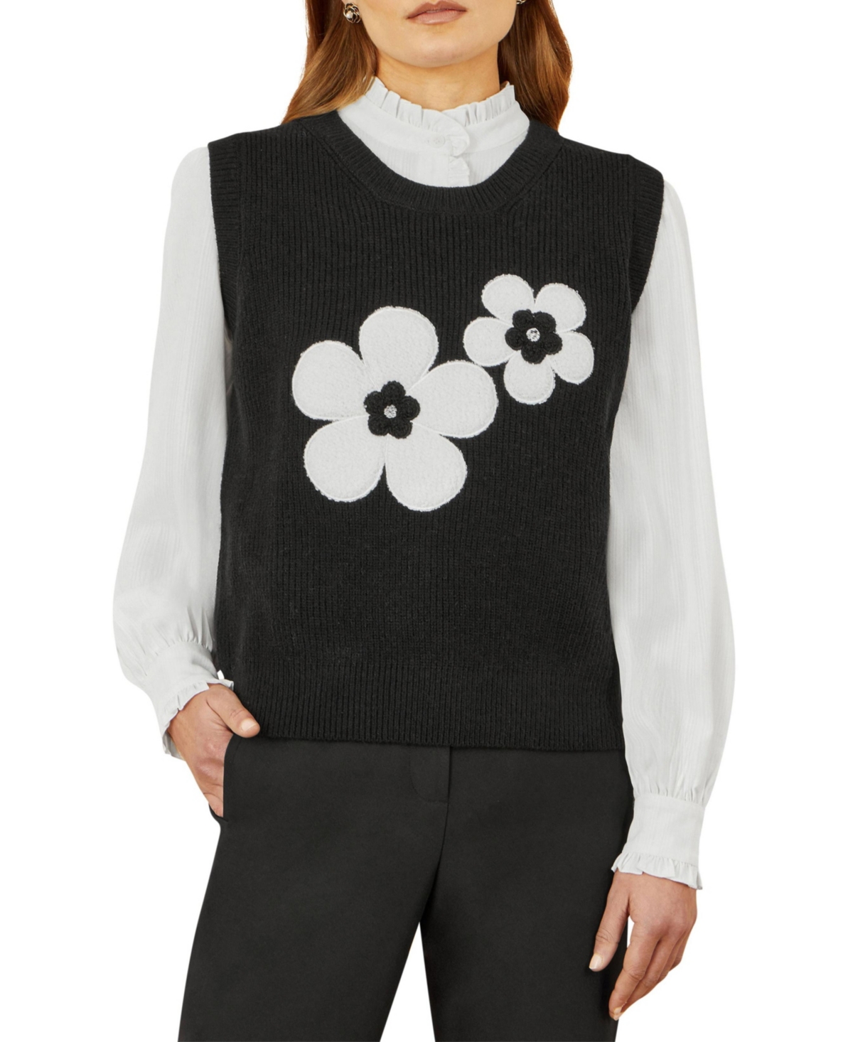 Yumi Women's Knitted Floral Sleeveless Sweater Vest