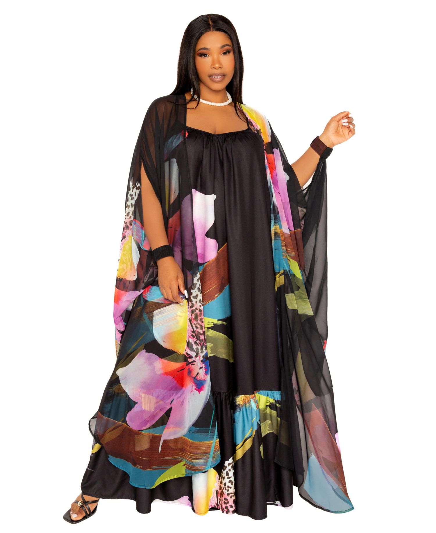 Plus Size Floral Chiffon Kimono Cover-Ups