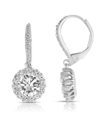 Women's Sterling Silver White Gold Plated Clear Round Cubic Zirconia Haloed Solitaire Drop Earrings