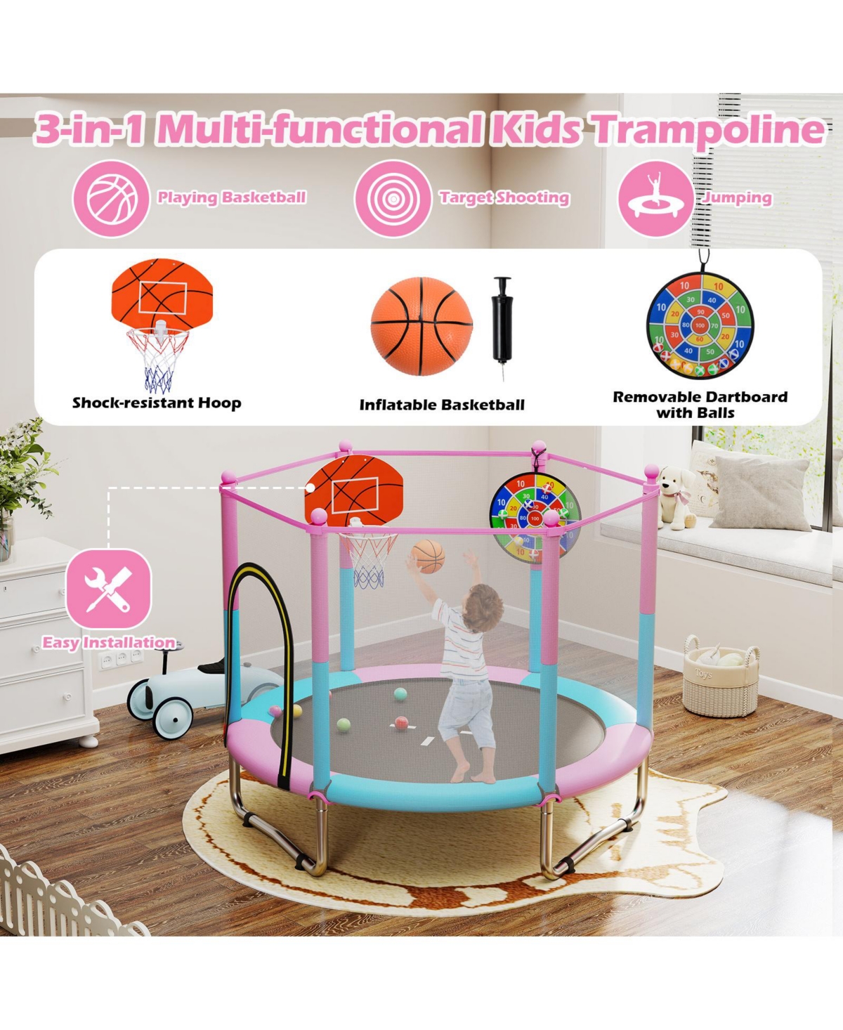 60 inch Kids Trampoline Toddler Recreational Trampoline with Basketball Hoop