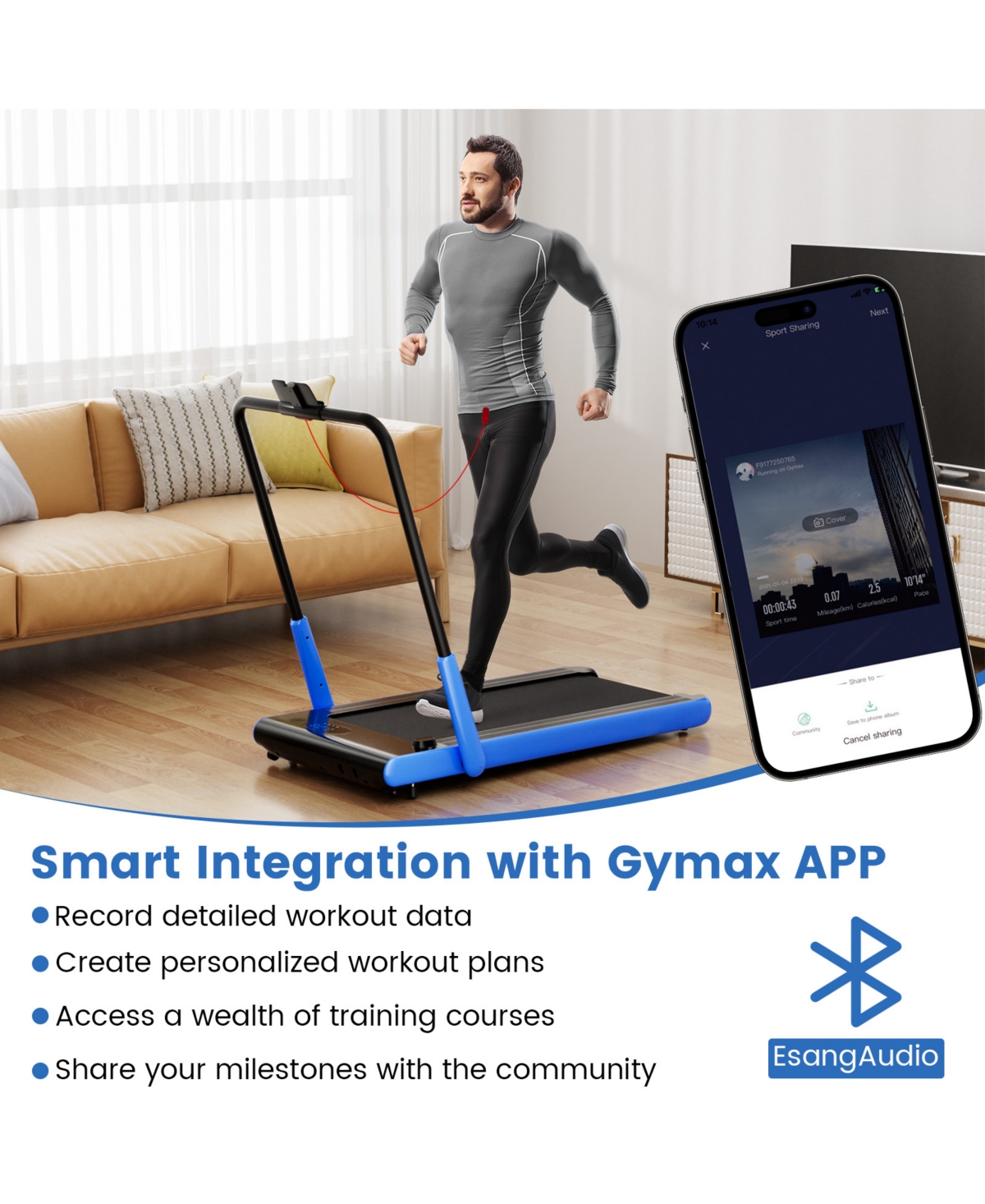3-in-1 3HP Folding Treadmill with Smart Apps Remote Control and Speakers