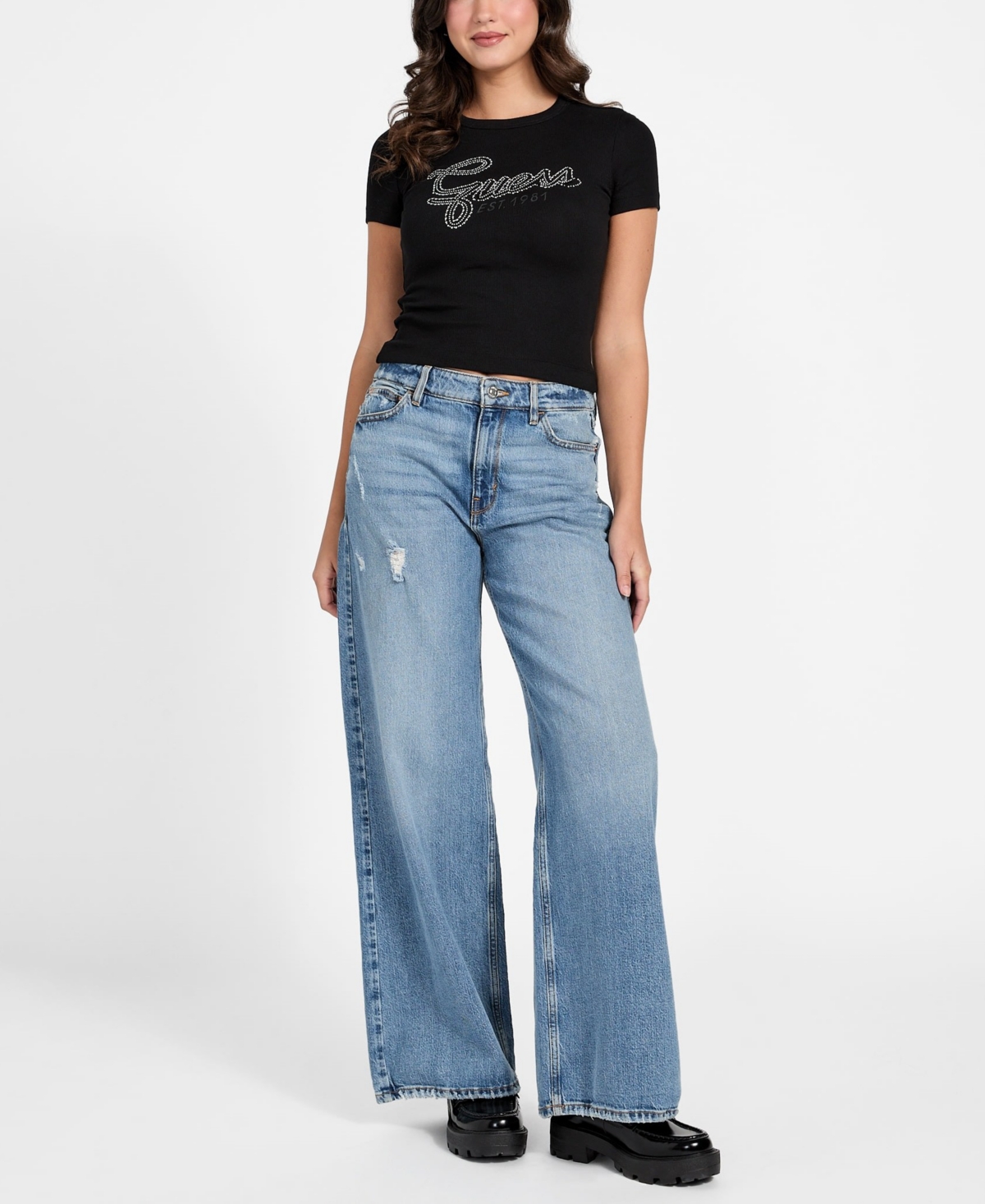 Guess Women's Studded Script Logo Crewneck T-Shirt