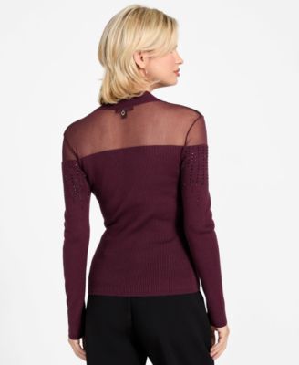 Women's Embellish Sheer Panel Mock Neck Sweater