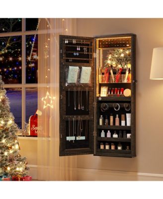 LED Lockable Jewelry Cabinet with Round Mirror & Storage Shelf