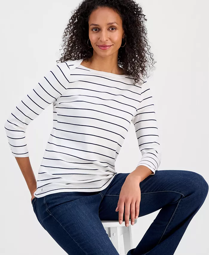 Women's Printed Pima Cotton 3/4 Sleeve Boat-Neck Top - thumbnail 8