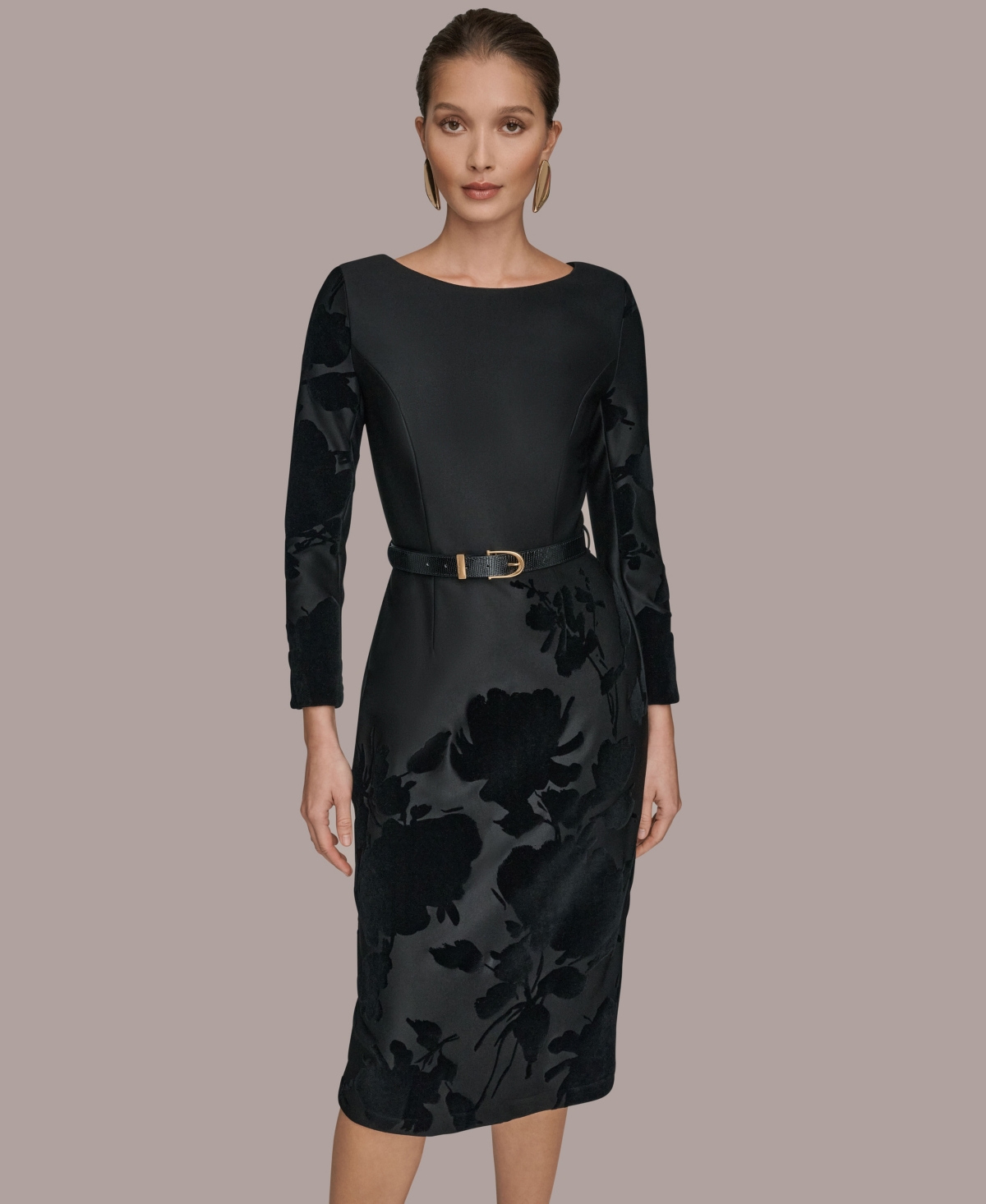 Donna Karan Petite Embossed Boat Neck Velvet Dress In Black