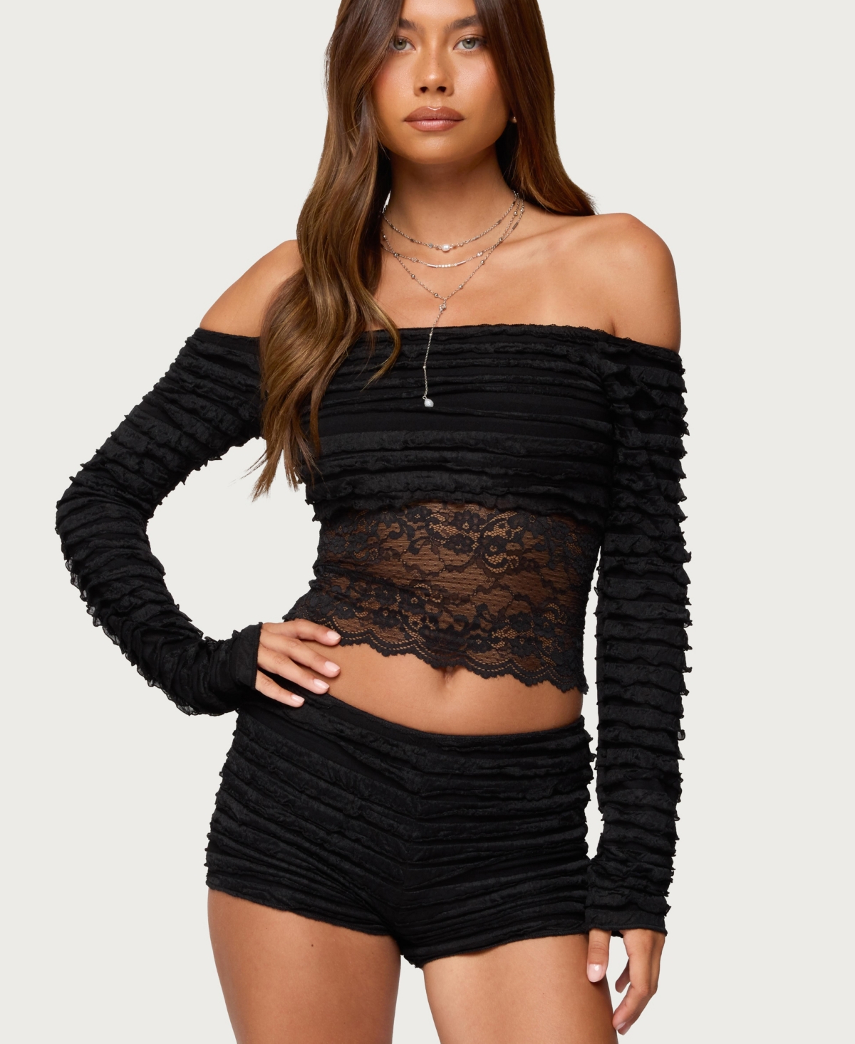 Edikted Women's Tauri Lacey Ruffled Off Shoulder Top