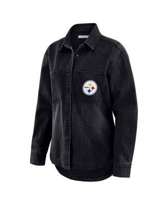 Women's Black Pittsburgh Steelers Washed Oversized Denim Full-Snap Shacket