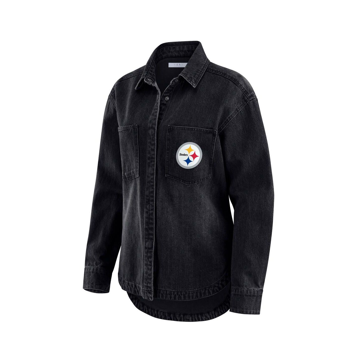 Женские куртки WEAR by Erin Andrews Black Pittsburgh Steelers Washed Oversized Denim Full-Snap Shacket — фото 2