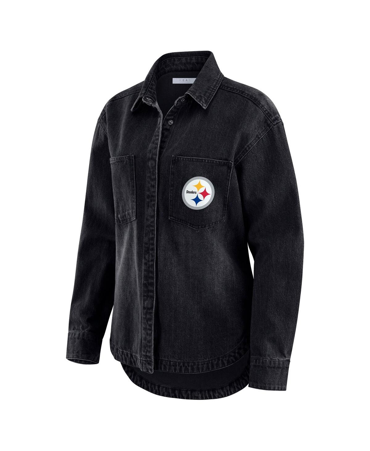 Wear By Erin Andrews Women's Black Pittsburgh Steelers Washed Oversized Denim Full-snap Shacket In Multi