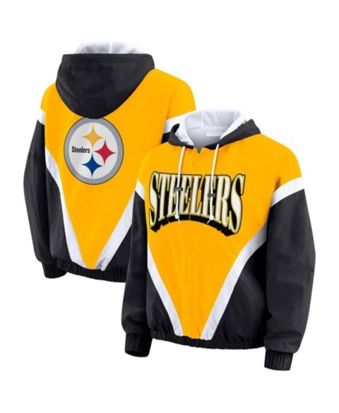 Женские худи WEAR by Erin Andrews Women's Gold/Black Pittsburgh Steelers Retro Crinkle Full-Zip Windbreaker
