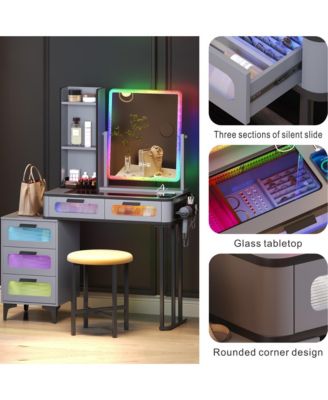 RGB Vanity Set with Glass Top, USB & Wireless Charging, 5 Drawers