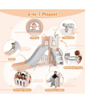 6-in-1 Toddler Slide L-shaped Playground with Basketball Hoop and Ladder