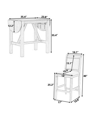 3-Piece Drop Leaf Counter Height Dining Set for Small Spaces, White and Navy Kitchen Table with 2 Upholstered Bar Chairs