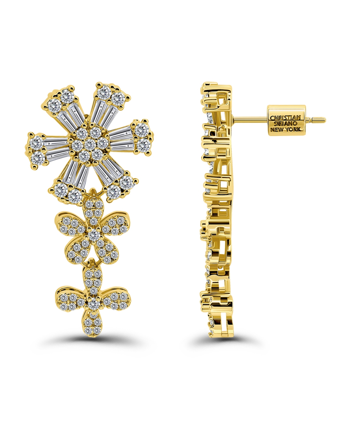 Christian Siriano New York Cubic Zirconia Flower Design Linear Drop Earrings In Gold