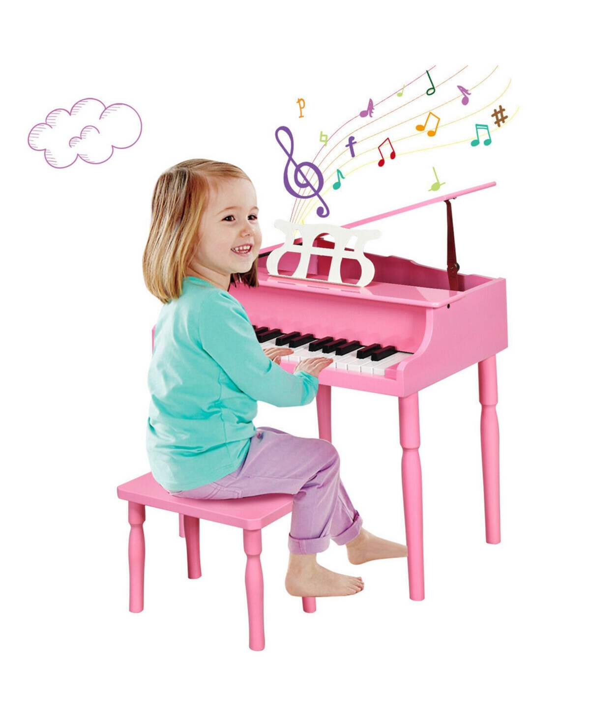 Sugift Pink 30-Key Wood Toy Kids Grand Piano with Bench and Music Rack