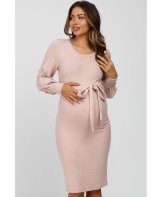 Maternity Pink Soft Brushed Waist Tie Bubble Sleeve Dress
