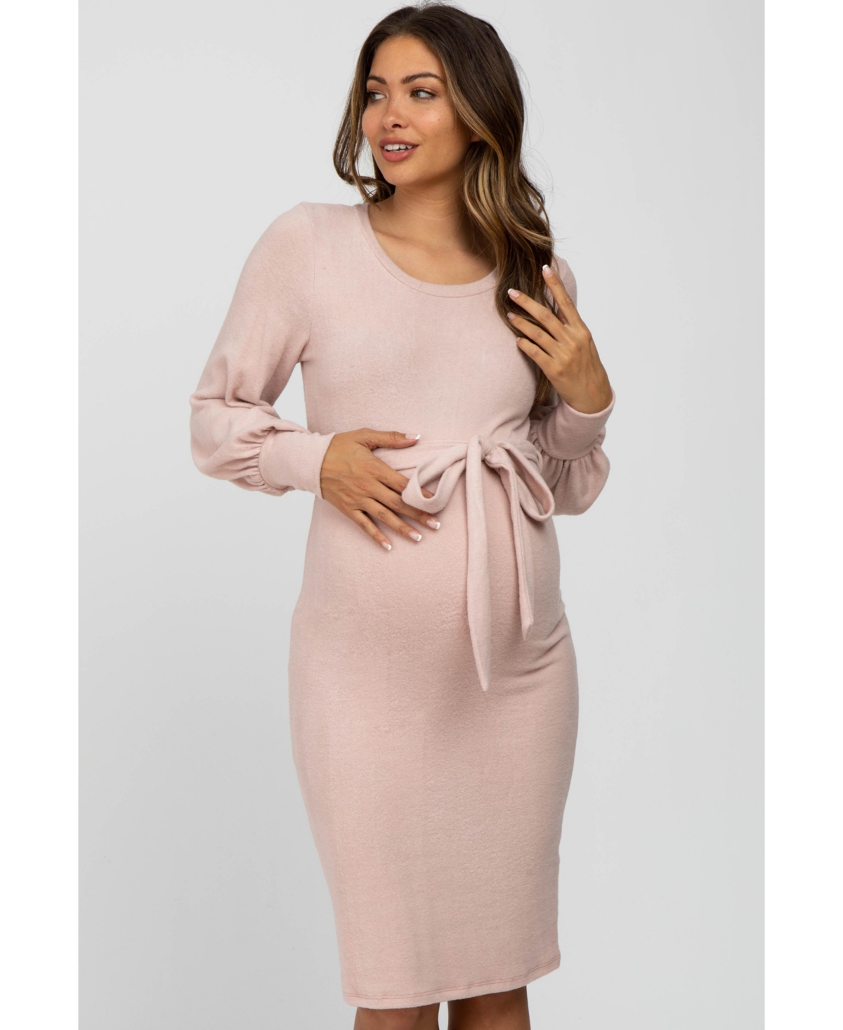Pinkblush Maternity Pink Soft Brushed Waist Tie Bubble Sleeve Dress