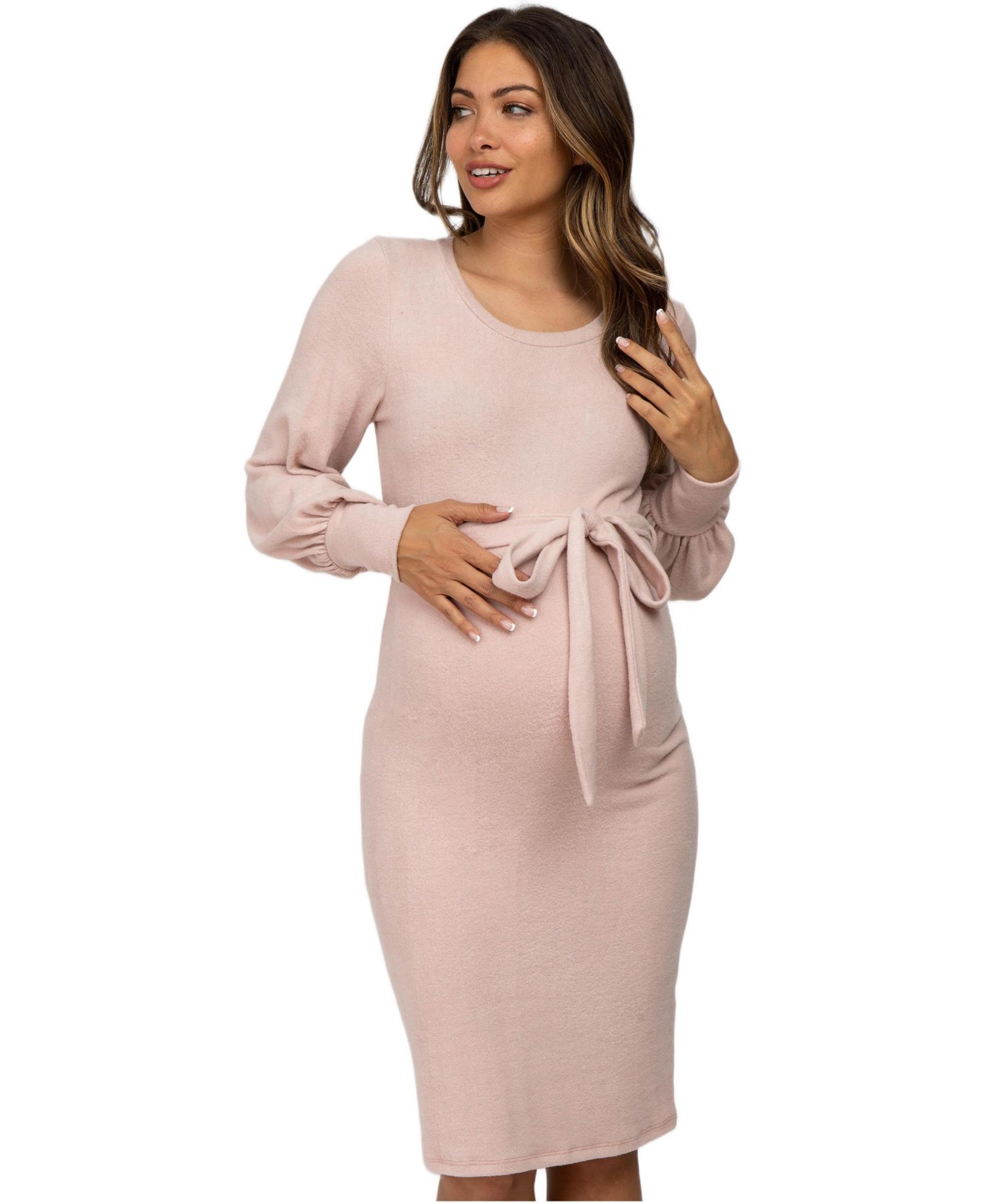 Women's Pink Soft Brushed Waist Tie Bubble Sleeve Dress