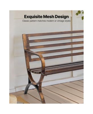 Outdoor Patio Bench with Metal Frame and Slatted Backrest.