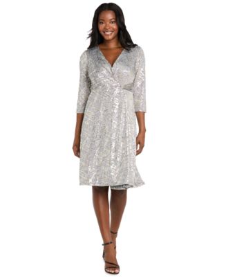 wrap dress silver Silver Satin Wrap Dress With Short Sleeves
