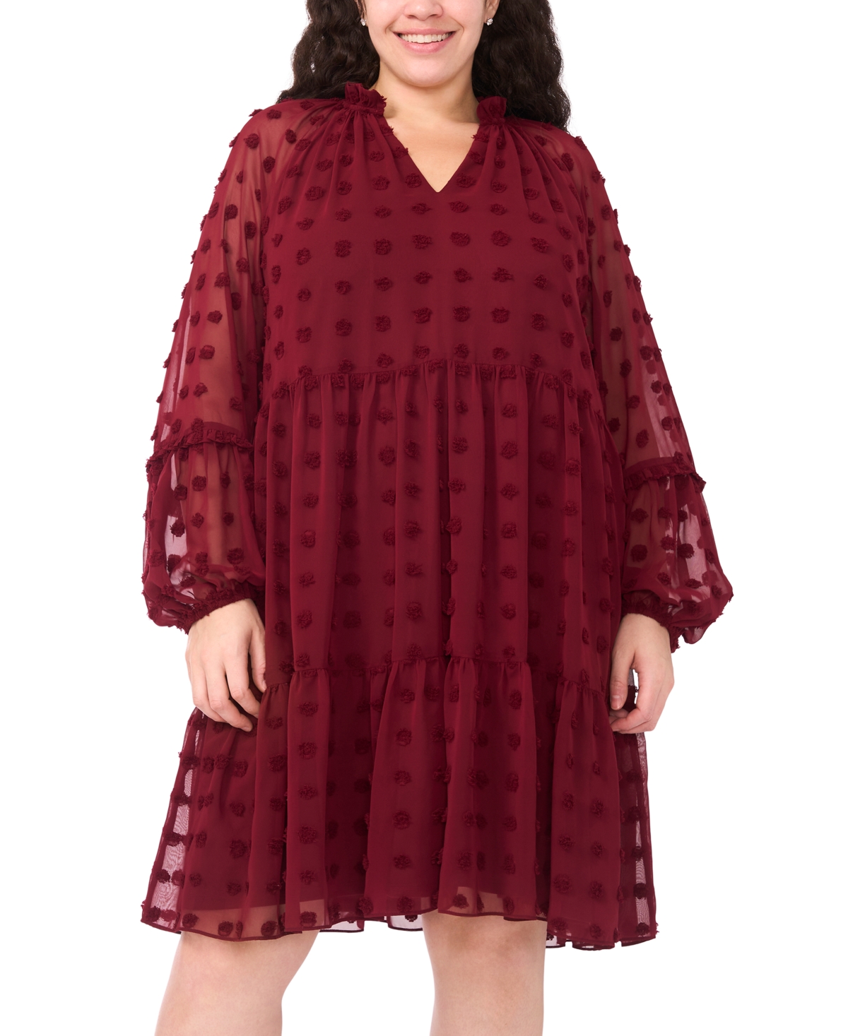 Msk Plus Size Clip Chiffon Babydoll Short Dress In Burgundy