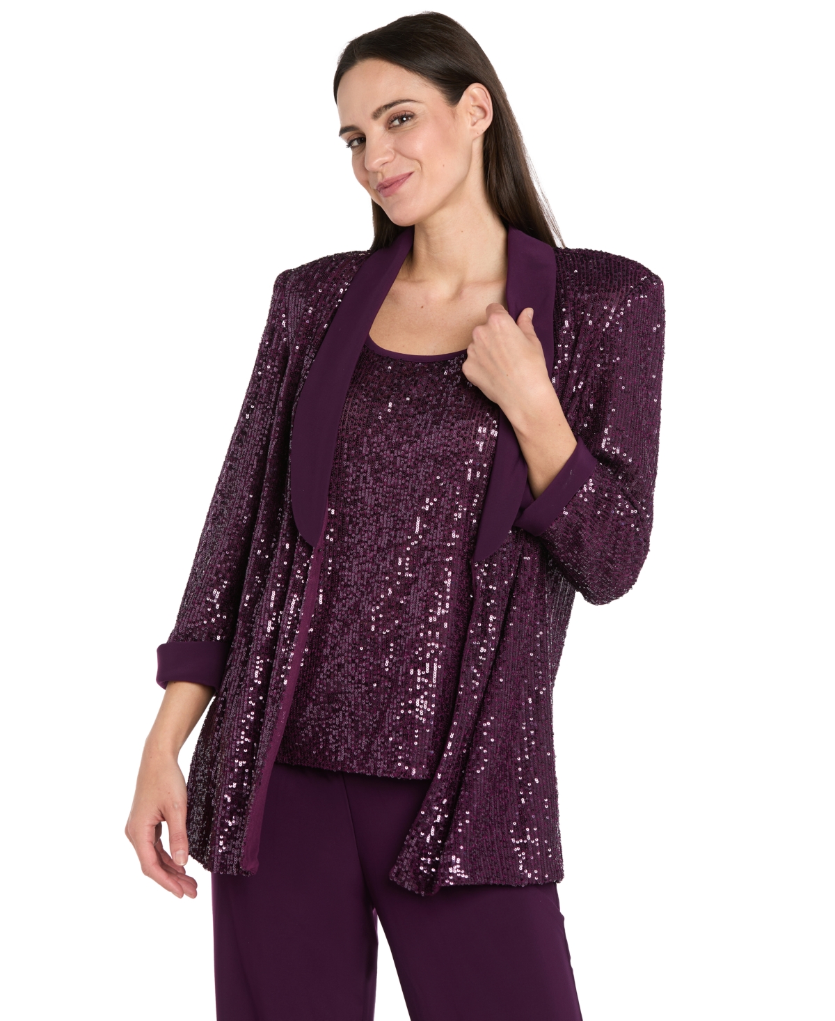 R & M Richards Women's Sequined Jacket, Sequined Top & Pants In Purple