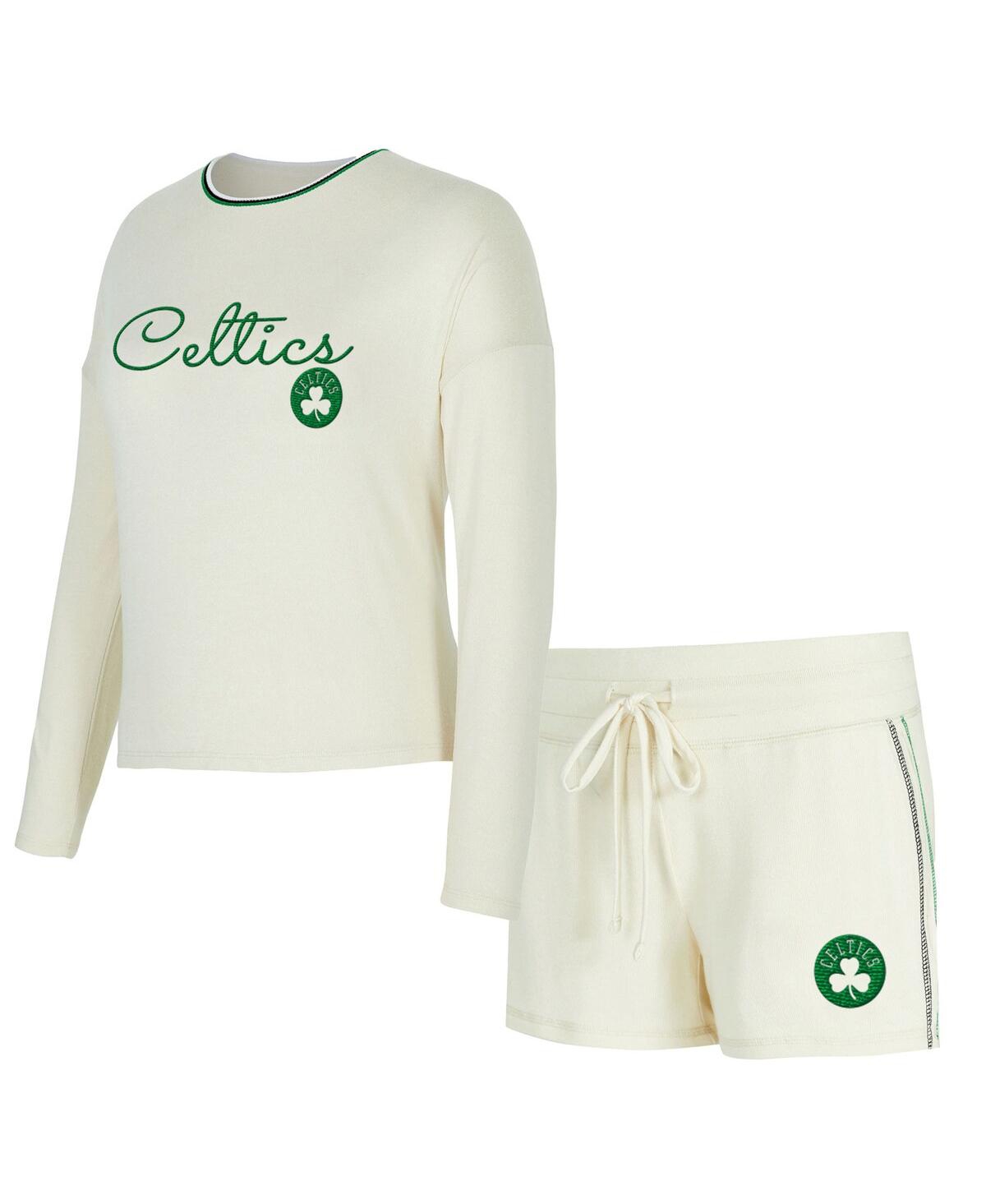 Concepts Sport Women's 2-piece Cream Boston Celtics Kaki Hacci Knit Long Sleeve Top And Shorts Set In Multi