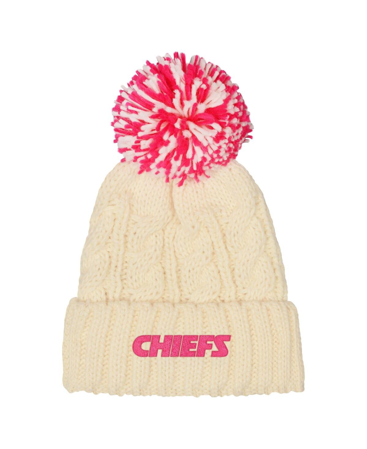 Outerstuff Girls White Kansas City Chiefs Cable Cuffed Knit with Pom Hat