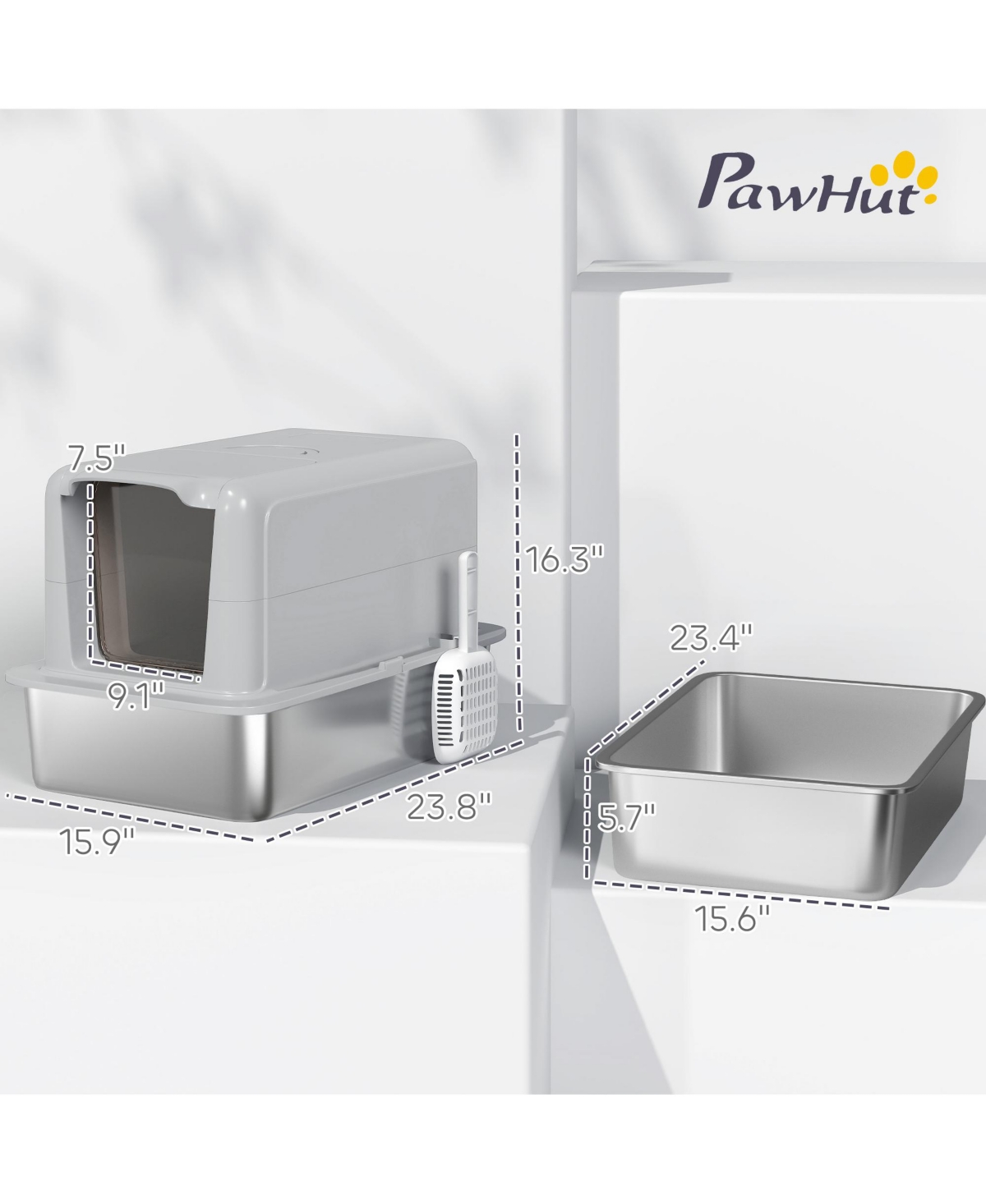 PawHut 2 in 1 Stainless Steel Cat Litter Box with Removable Lid,