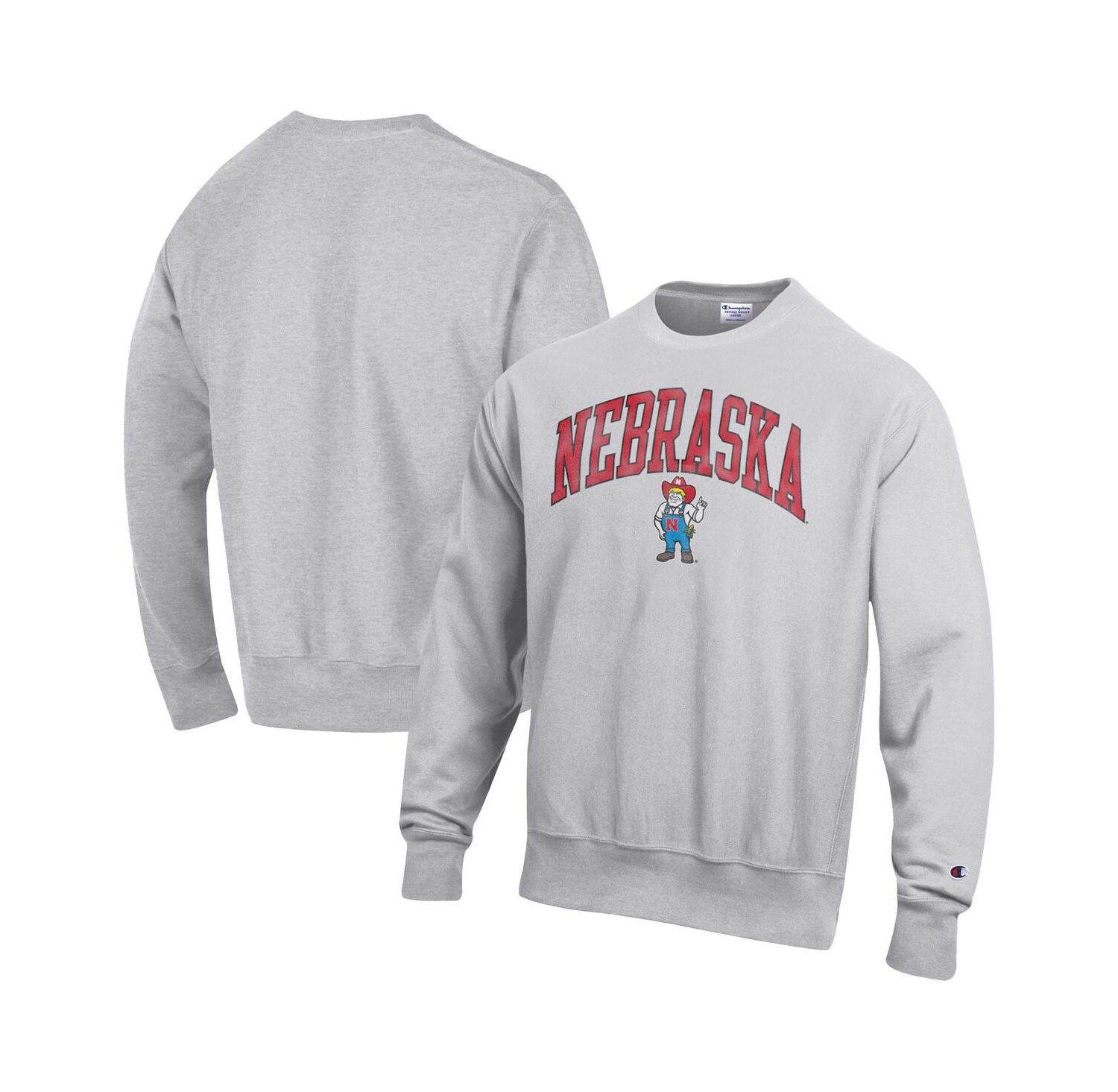 Men's Gray Nebraska Huskers Distressed Arch Over Logo Reverse Weave Crew Neck Sweatshirt