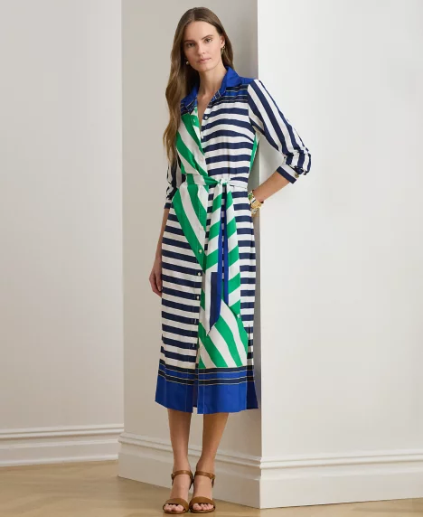 Petite Striped Point Collar Shirt Dress - Navy/White/Green