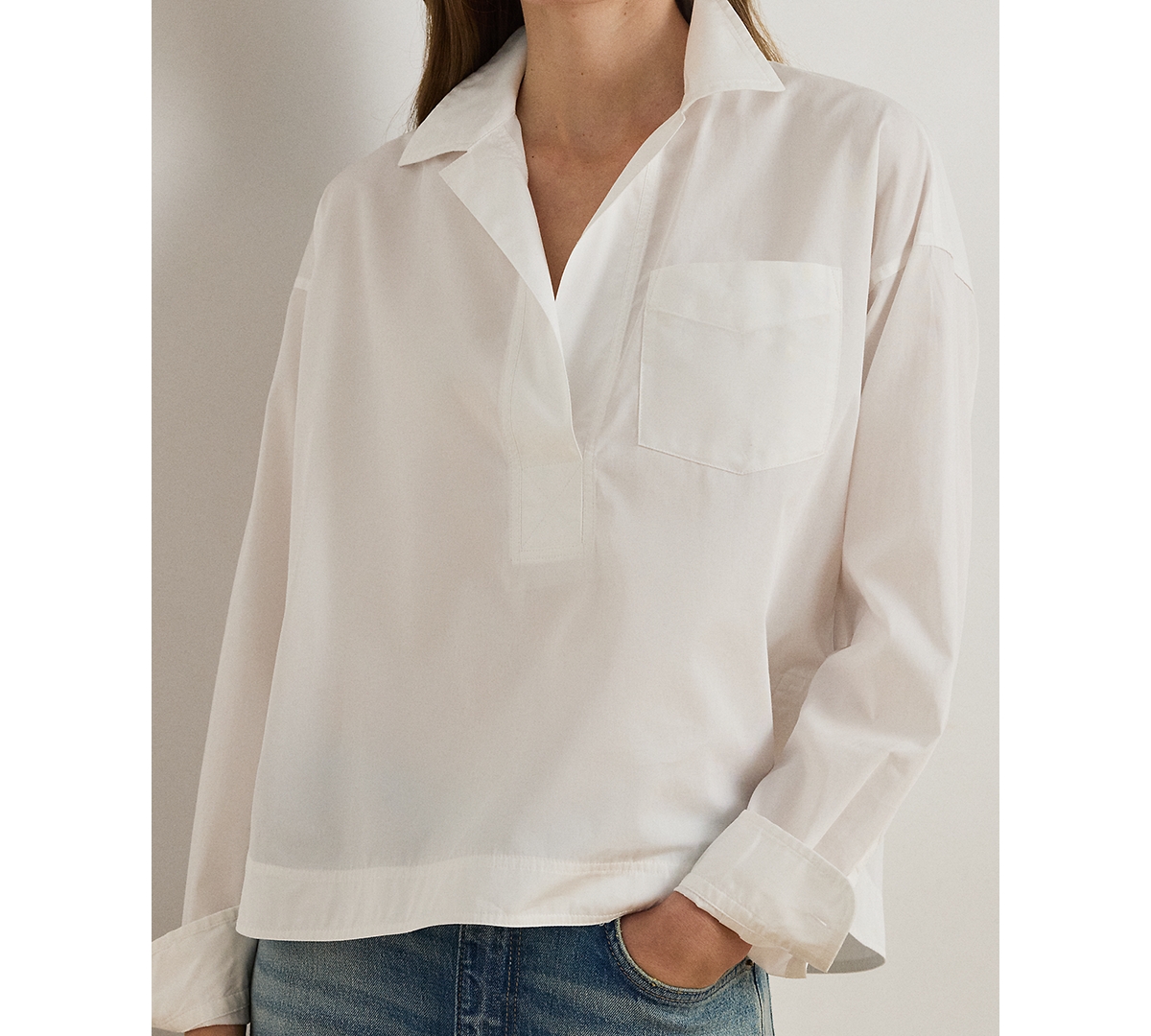 Lauren Ralph Petite Broadcloth Spread Collar Cropped Shirt