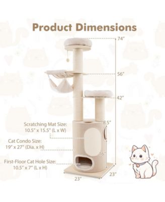 74 Inches Tall Wooden Cat Tower Tree with 2-Story Cat Condo and Washable Cushions