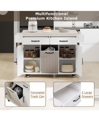 CASAINC Wood Rolling Drop Leaf with Trash Can Storage, Spice Rack, Towel Rack, Drawer & Adjustable Shelf Kitchen Island Cart