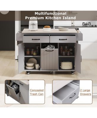 CASAINC Wood Rolling Drop Leaf with Trash Can Storage, Spice Rack, Towel Rack, Drawer & Adjustable Shelf Kitchen Island Cart