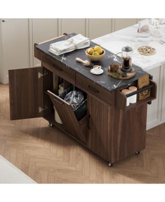 CASAINC Wood Rolling Drop Leaf with Trash Can Storage, Spice Rack, Towel Rack, Drawer & Adjustable Shelf Kitchen Island Cart
