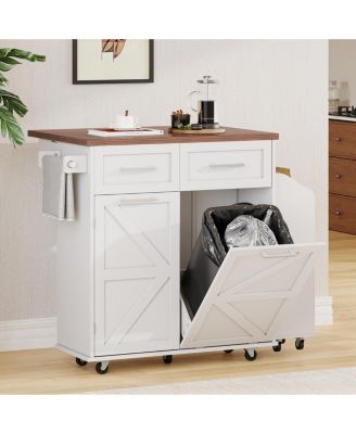 CASAINC 47.2" MDF Drop Leaf, Side Racks, Drawers, Towel Rack & Wheels Farmhouse Kitchen Island